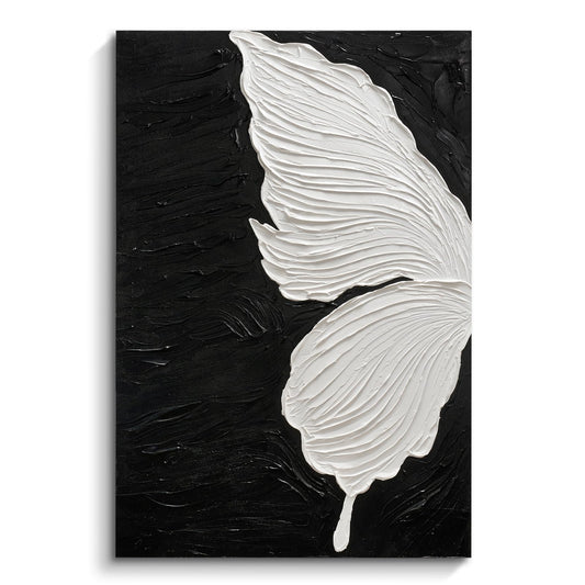 JUHOME Abstract Butterfly Canvas Wall Art – 24x36 Original Hand-Painted Black &White Textured Butterfly Wing Oil Painting on Black Canvas, Modern Minimalist Vertical Wall Decor for Living Room Bedroom