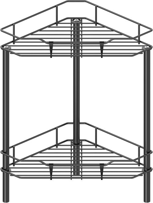 HuggieGems Corner Shower Caddy Organizer - 2 Tier Floor Standing Shelf with Hooks | Black Finish