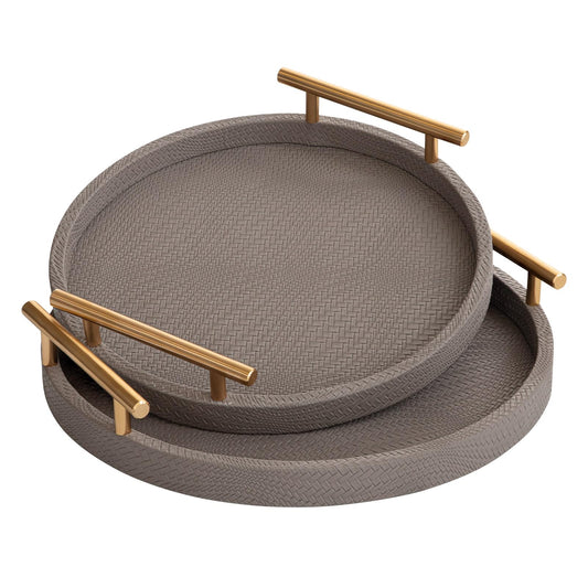 MACVAD 2 Piece Coffee Brown Round Serving Tray with Handles, Woven-Texture Faux Leather Ottoman Tray for Living Room, Decorative Tray for Coffee Table Home Decor