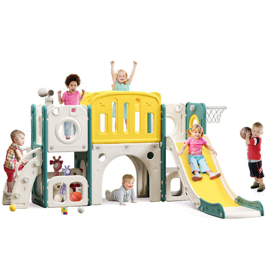 MOCUTEEN 8-in-1 Toddler Climber and Slide Playset with Basketball Hoop - Indoor/Outdoor Playground Gym Activity Center for Kids