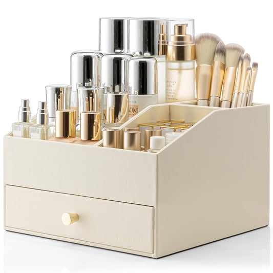 VLANDO Makeup Organzier,Vanity Organizer with Drawers, PU Leather Skincare Organizer Perfume Organizer,Large Cosmetic Display Case for Lipstick,Brushes Gifts for Women-Beige