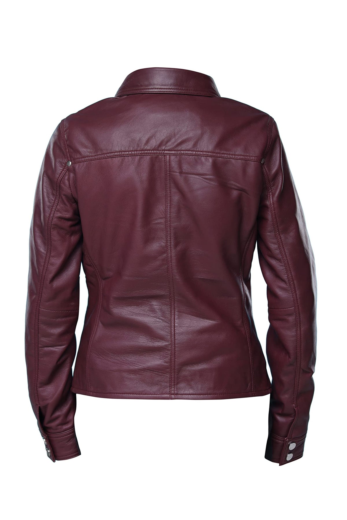 Jild Womens Button Front Lambskin Leather Jacket Shacket - Casual Shirt Long Sleeve Leather Jacket Women with Bust Pocket (Burgandy-L)