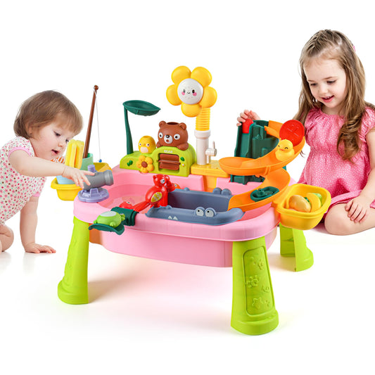 Upgraded Toddler Sand Water Table Toy with Electric Water Pump, Kids Sand Water with Faucet/Play Food Accessories/Fishing Toy, Kitchen Play Sink Toys for Girl Boy Age 3+ (Pink-Sunflower)