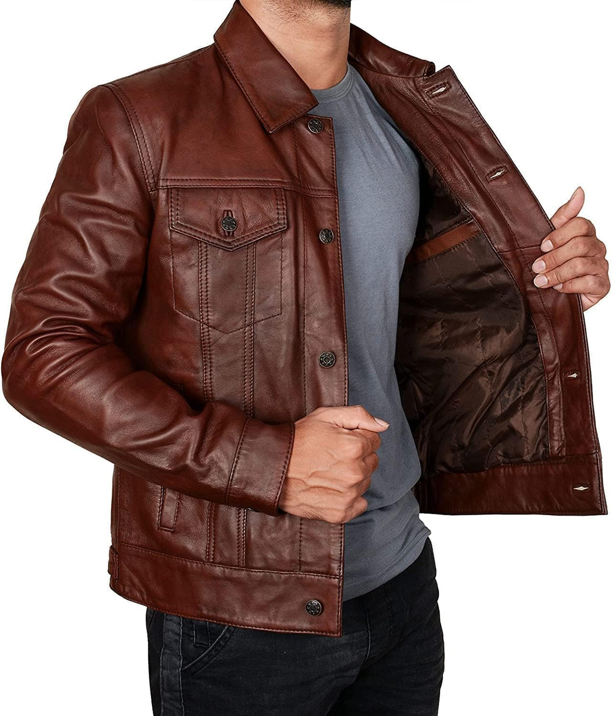Brown Trukcer Jacket Men - Chaqueta De Cuero Marron | Trucker Brown - S
