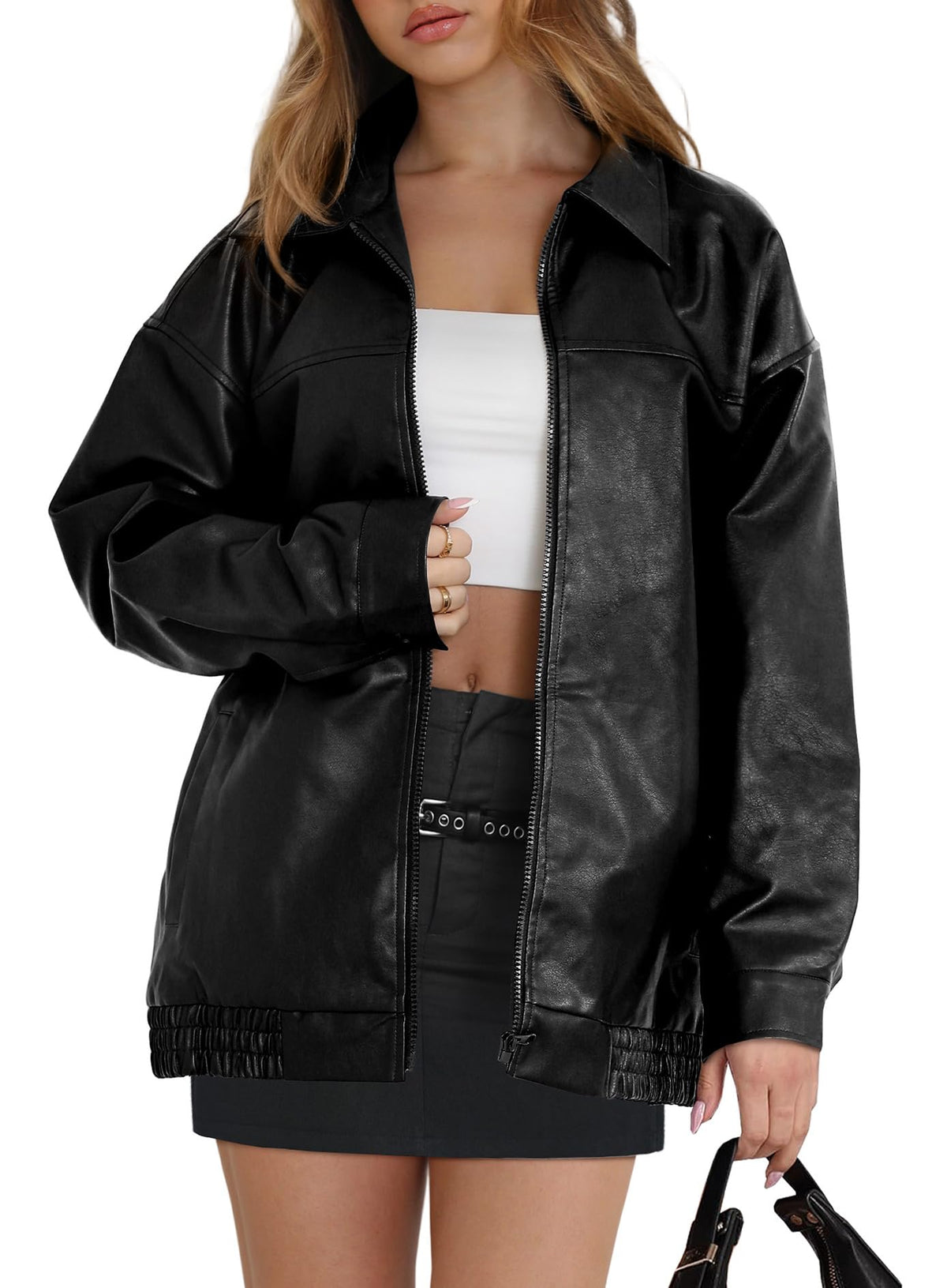 WIHOLL Leather Jacket Women Faux Baggy Oversized Motorcycle Bomber Coats 2026 Early Fall Fashion Outfits Winter Clothes Black XS