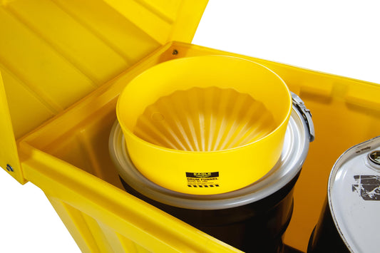Eagle 1660 Drum Funnel – 18" Diameter, Yellow HDPE, Fits 30 & 55 Gallon Drums, 6" Side Walls to Reduce Splashing, Spout Fits 2" NPT Bung, Durable & Chemical-Resistant – Made in the USA
