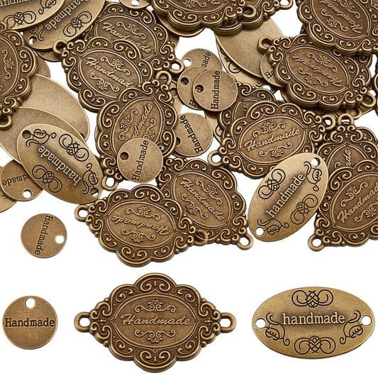 CALFOVERA 60Pcs 3 Styles Metal Handmade Tags Alloy Antique Label Pendant Bronze Round Oval Rhombus Hand Made Signs Bead Charm Labels for DIY Crafts Jewelry Making Sewing Purse Clothes