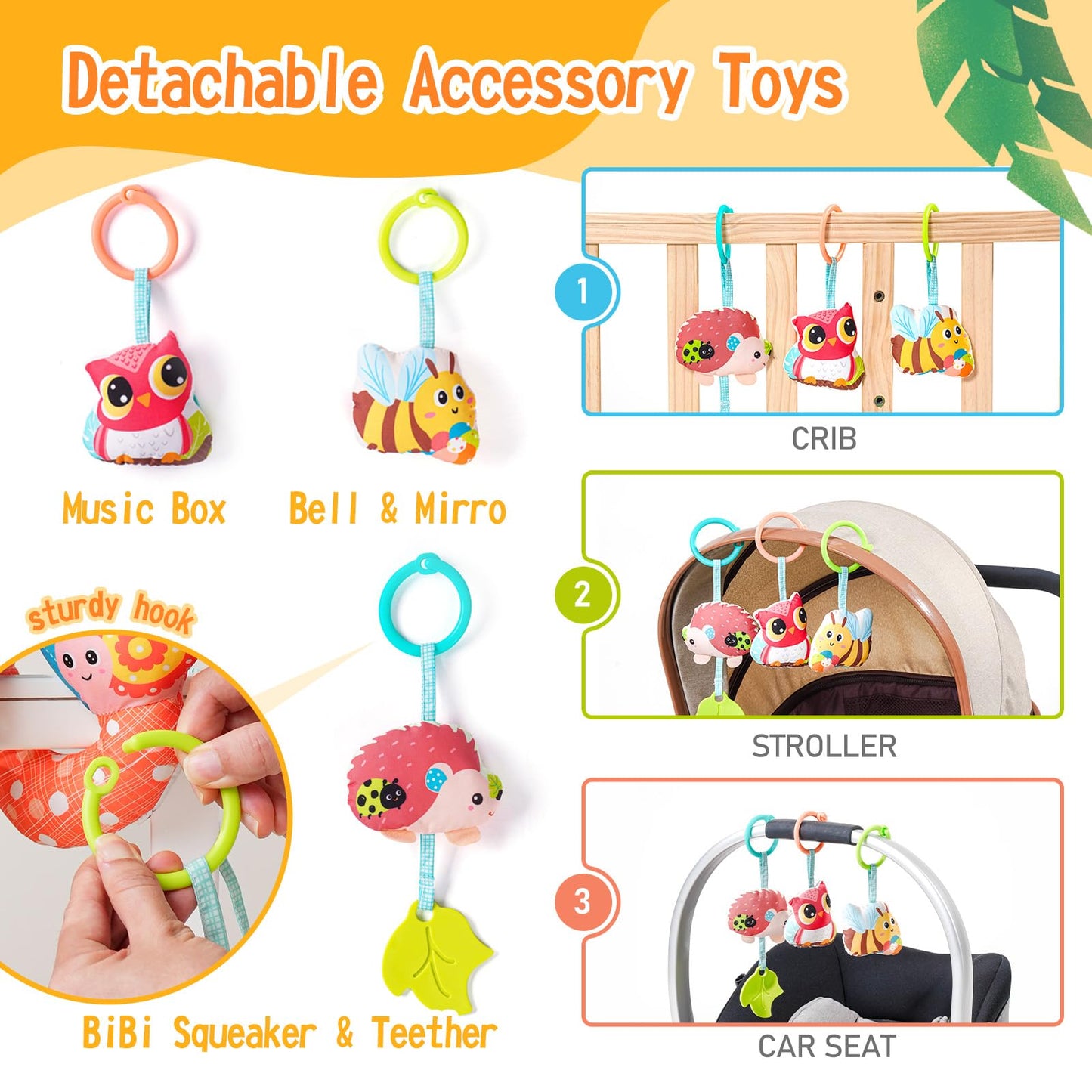 Jollybaby Crib Stroller Car Seat Toys for Baby 0-3-6-9-12 Months, Tummy Time Hanging Sensory Toys for Newborn with Music Box and Teether, Spiral Carseat Toy for Infant Boys Girls Gifts (Yellow)