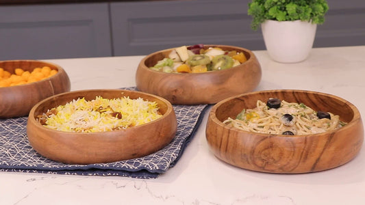 LAVAUX DESIGNS Set of 4 acacia wood bowls 8 x 2 inches (25 oz) with Food safe wood coating | Jointless plates type wood bowl for food | Wooden salad bowls set