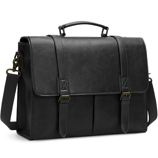RAINSMORE Messenger Bag for Men 15.6 Inch Vintage Leather Briefcase Waterproof Laptop Bag Large Satchel Office Work Business College Computer Bag, Black