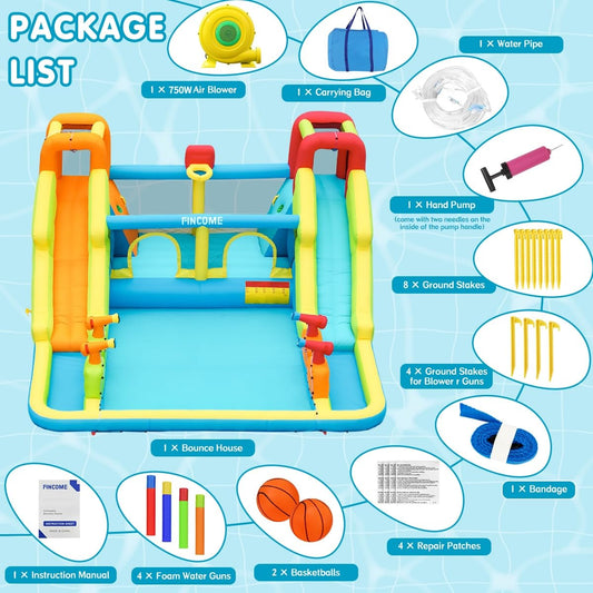 Inflatable Bounce House for Kids, Water Bounce House with Double Slides Indoor Outdoor, Bounce House Water Slide with Air Blower for Park Backyard Party Birthday (with 750W Blower)