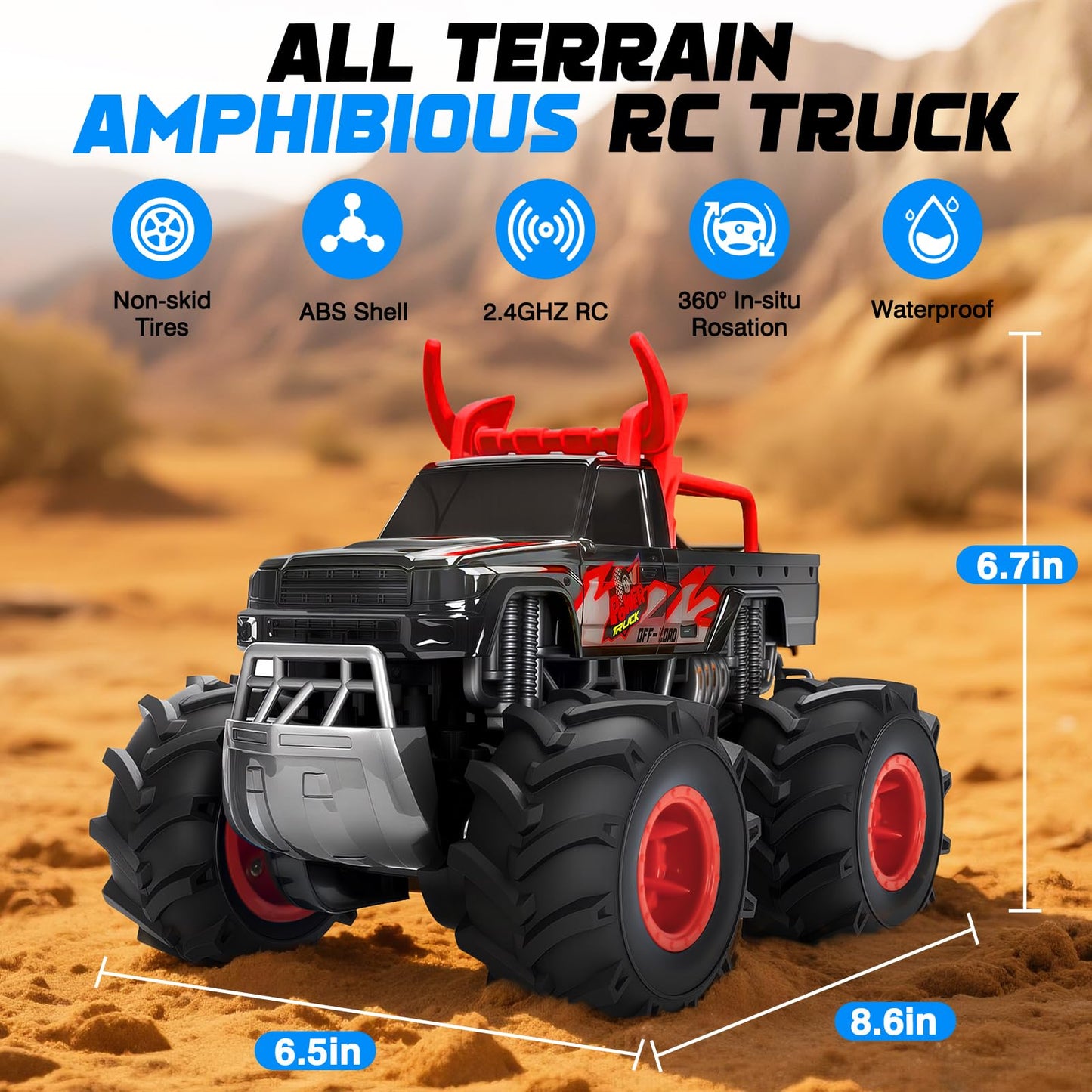 BainGesk Remote Control Monster Truck Toys, 1:16 Amphibious Waterproof RC Car, 2.4GHz 4WD All Terrain Toys with 2 Rechargeable Batteries, Off-Road Truck Gifts for 6 7 8 9 10 11 12 Year Old Boys