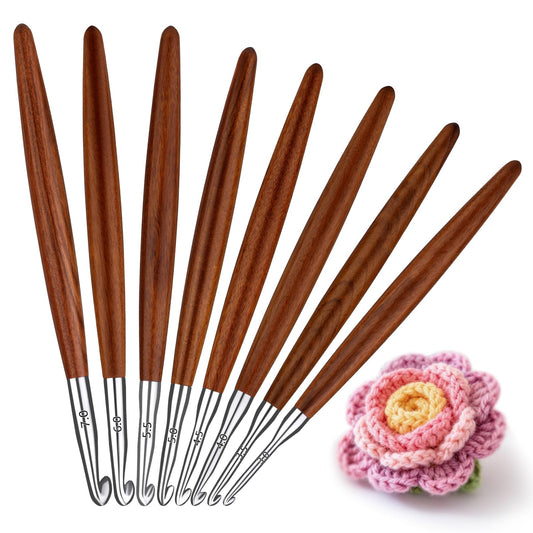 Lunarm 8 Pack Crochet Hooks Set, Ergonomic Aluminum Crochet Hooks with Wood Handle for Arthritic Hands DIY Craft Knitting Dolls, Bouquets, Blankets, Hats, Gloves from Various Yarns - Size 3mm-7mm