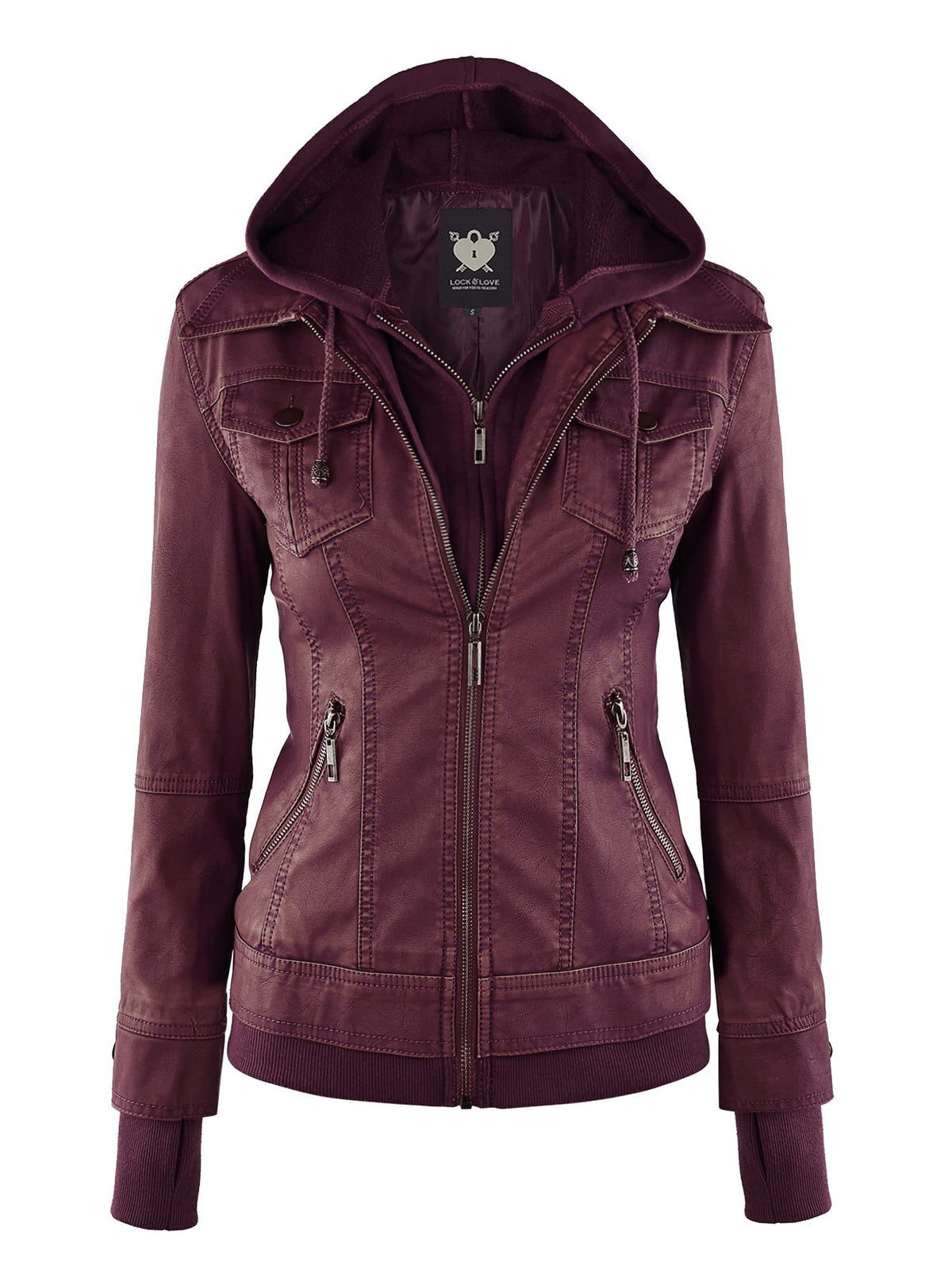 Lock and Love LL WJC664 Womens Faux Leather Jacket with Hoodie S WINE