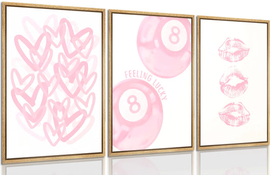 3Pcs Trendy Pink Preppy Canvas Wall Art Light Pink Cute Girly Lips Lucky 8 Ball Hearts Paintings Pictures Wall Decor Coquette Poster Printing Artwork for College Dorm Room Bedroom Home Decoration