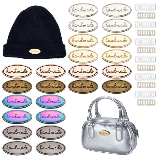 WEBEEDY 24 Pcs 6 Colors Oval Alloy Handmade Tags with Shim, Handmade Decorative Purse Tags Label for DIY Sewing Craft, Hats, Crochet Bag, Purse, Handbag, Backpack, Clothing Decor, 2x4cm/0.8x1.6 Inch