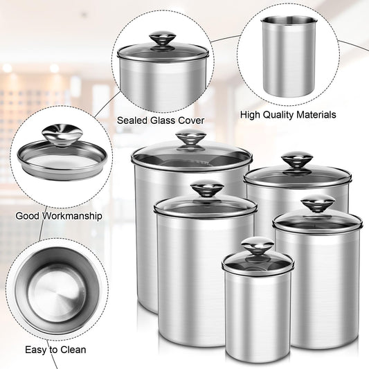 LemonRoad 5 Pcs Stainless Steel Canister with Glass Lids Airtight Food Jar Storage Canister Set (1.0qt / 1.8qt / 2.8qt / 3.9qt / 6.0qt) Food Grade Storage Containers for Kitchen (Silver)