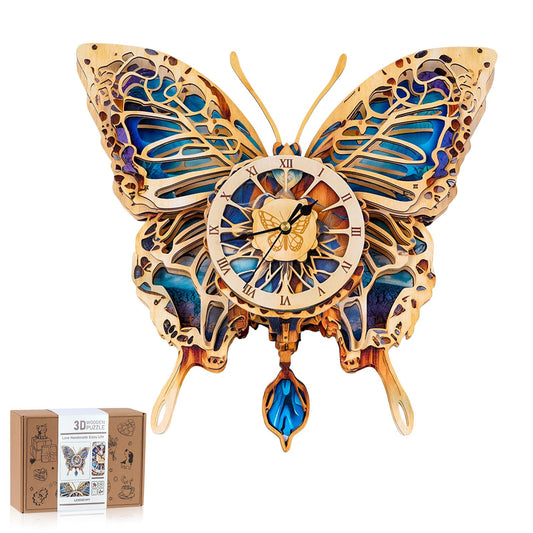 Rnfinewow 3D Puzzles for Adults, Butterfly Design Clock Kit with Pendulum, Beginner 3D Wooden Puzzles Model Kit DIY Crafts for Office Wall Decor Hobbies Birthday Christmas Idea Gift