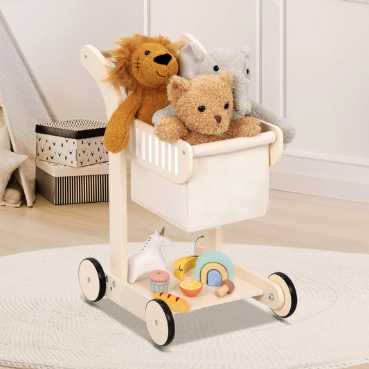 OOOK Baby Push Walker Doll Stroller, Wooden Baby Walker for Girls and Boys, Kids Shopping Cart for Toddlers, Kids Stand Learning Walker with 4 Wheels