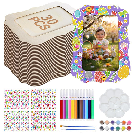 Ukontagood 30 Pack Wooden Picture Frames for Crafts, 4''×6'' Picture Frame Painting Craft Kit Includes 16 Sheets Diamond Stickers, 12 Colors Pens & Brushes, and Paints for Easter DIY Crafts