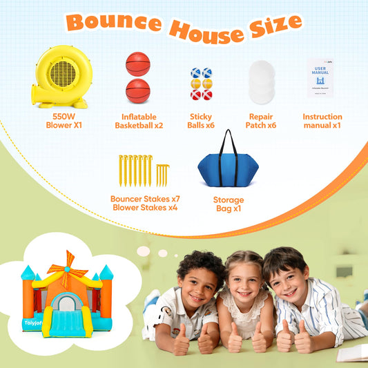 Bounce House for Big Kids 5-10, Large 12.5 × 10FT Windmill Inflatable Bouncy Castle, with Slide & Dual Basketball Hoops & Spacious Jump Area, Outdoor Backyard Birthday Party, with 550W Blower