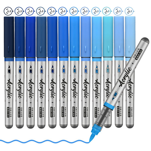 ZZWUAPT Blue Acrylic Paint Pens,12 Color Paint Pen Markers,Brush Tip Paint Pens for Rock Painting Wood Glass Ceramic Canvas Stone DIY Crafts Making Art Supplies