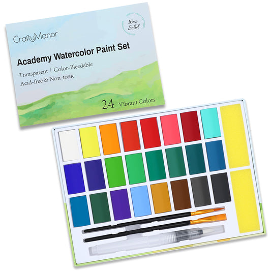 24 Colors Large Block Watercolor Paint Set for Watercolors Workbook, Portable Water Colors Paint Kit with 2 Paintbrushes 1 Waterbrush, for Adult Painting Beginners & Professional Amateur Hobbyists