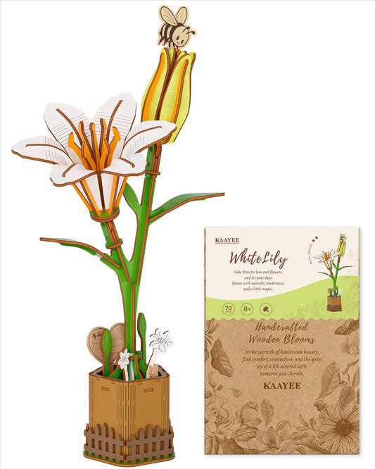 KAAYEE 3D Flower Wooden Puzzles for Adults, 70 PCS Wood Lily DIY Craft Kit Brain Teaser Creative Gift for Puzzle Lovers Home Decors Fake Flowers for Table, Desk, Office
