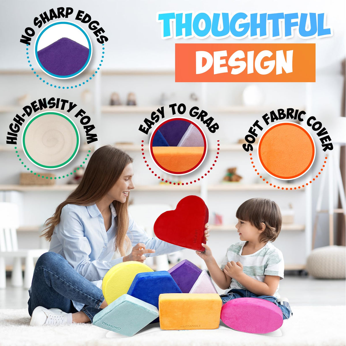 Plush Blocks - The Original Premium Plush Building Block & Shapes for Kids - Certified Safe Foam Blocks in Luxuriously Soft Fabric Covers (Classic Colors, Shapes)