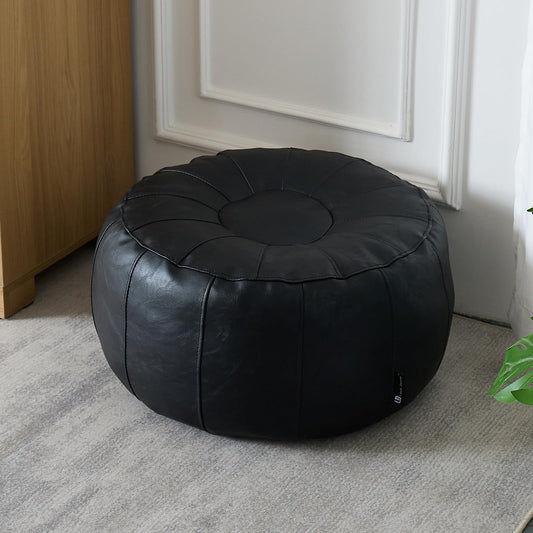Louis Donné Unstuffed Pouf Ottoman Cover, Handmade Faux Leather Moroccan Pouf Ottoman Footstool, Floor Footrest Cushion, 21x12inch Black Storage Solution Poufs for Lving Room Gifts, ONLY Cover