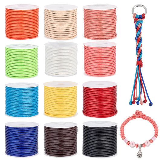 PH PandaHall 132 Yards 12 Colors 2mm Waxed Polyester Cord Waxed Thread Waxed Beading String for Bracelet Necklace Waist Beads Jewelry DIY Craft Making Macrame Supplies, 11 Yards/Roll