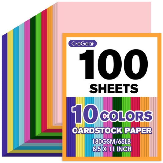 CreGear 100 Sheets Colored Cardstock Printer Paper 8.5 x 11, 10 Assorted Colors Card Stock, 180gsm/65lb Multicolor A4 Colorful Construction Paper for Crafting, Christmas DIY Card Making, Scrapbooking