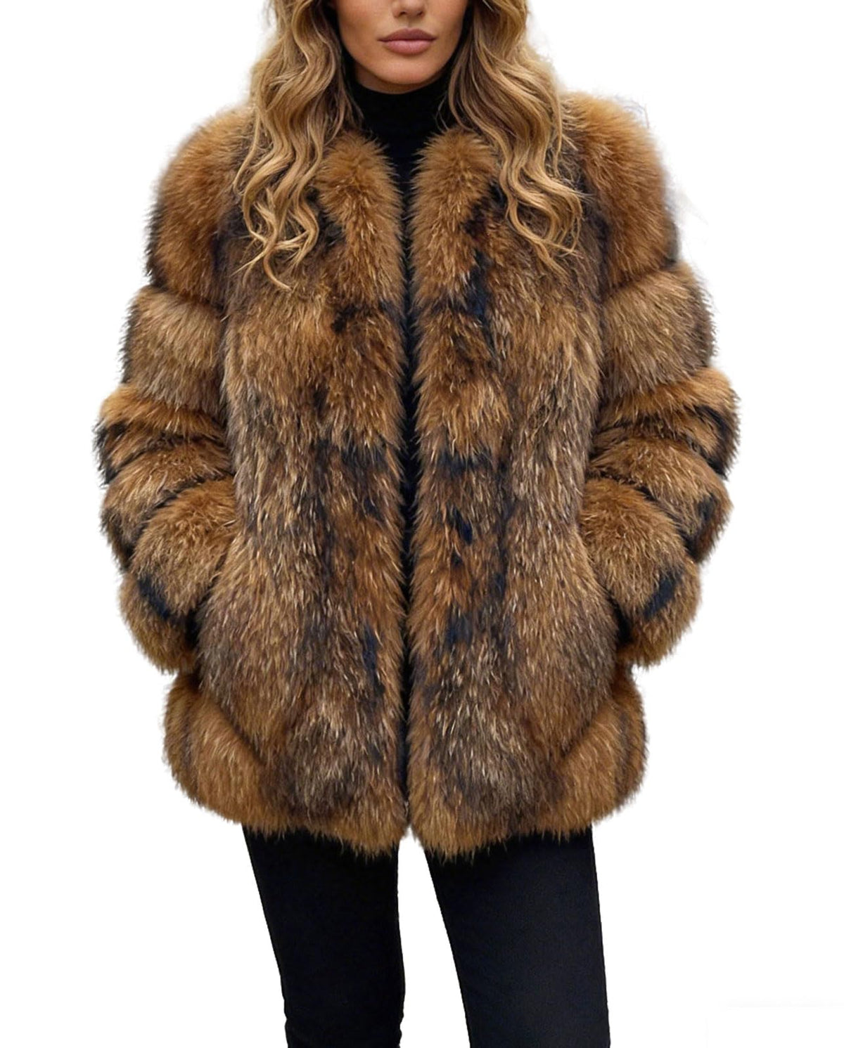 loveimgs Women Elegant Fuzzy Long Faux Fur Coat Puffer Jacket Collarless Parka Winter Zip Up Teddy Coat Overcoat (Small, Raccoon)