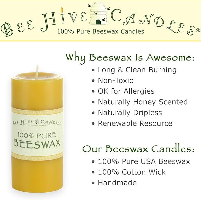 100% Pure Beeswax Pillar Candle (3" x 4") | Natural Beeswax Candles | Soy, Paraffin & Fragrance Free | Handmade in The USA