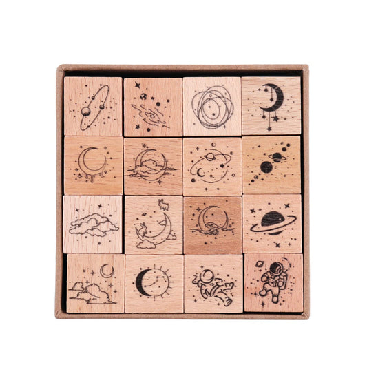 RISYPISY 16 Pieces Vintage Wooden Rubber Stamps, Universe & Galaxy Scrapbooking Decorative Rubber Stamp Set, Wood Mounted Rubber Stamps for Crafting Arts and Crafts, Journals, Card Making