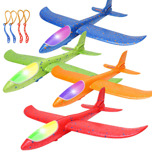 BooTaa 4 Pack LED Foam Airplane,17.5" Large Throwing Foam Plane, 2 Flight Mode Glider, Flying Toy for Kids, Gifts for 3 4 5 6 7 8 9 Years Old Boy, Outdoor Sport Toys Birthday Party Favors