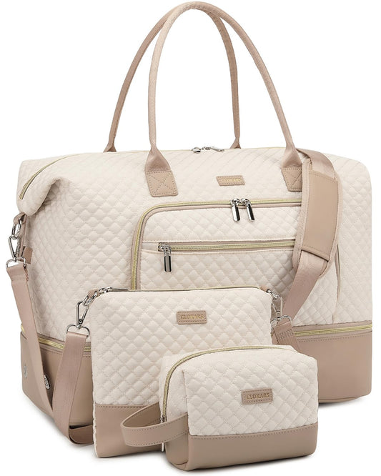 CLOKARS Weekender Bags for Women, Travel Duffle Bag Carry On Overnight Bag with Cosmetics Bag and Crossbody Purse for Gym Hospital, Gifts for Women, Beige Camel