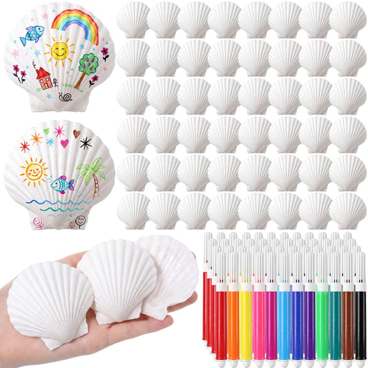 Wesiti 25 Set Seashell Painting Kit Includes 2 to 3 Inches White Seashells and Colored Markers, DIY Seashells Bulk for Crafts Ocean Theme Summer Beach Wedding Decor