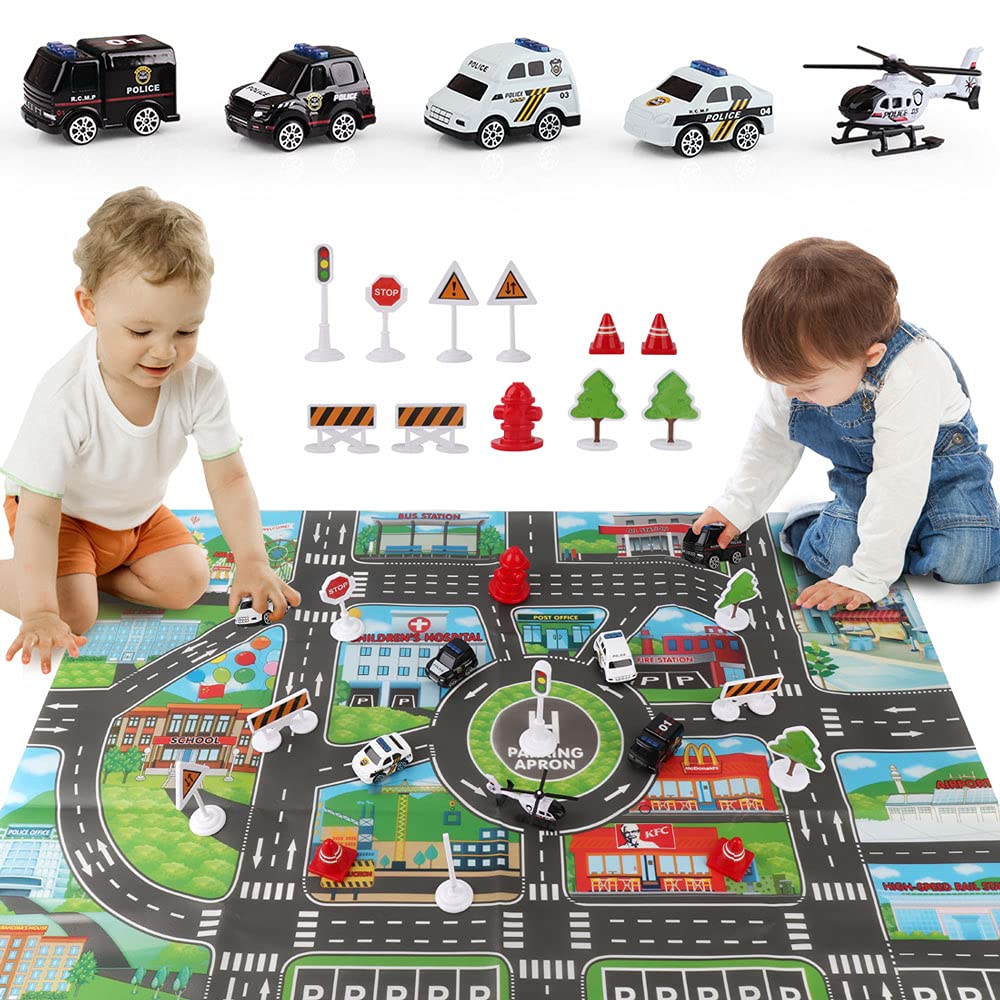 Dwi Dowellin 5 in 1 Airplane Toys with Light and Sound,Police car Toys with Activity Mat, Christmas Birthday Gifts for Kids 3 4 5 6 Year Old Boys Girls