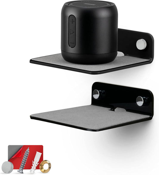 BRAINWAVZ 2-Pack 4 (SHELF11 Small Floating Shelf Bluetooth Speaker Stand, Adhesive & Screw Wall Mount, Anti Slip