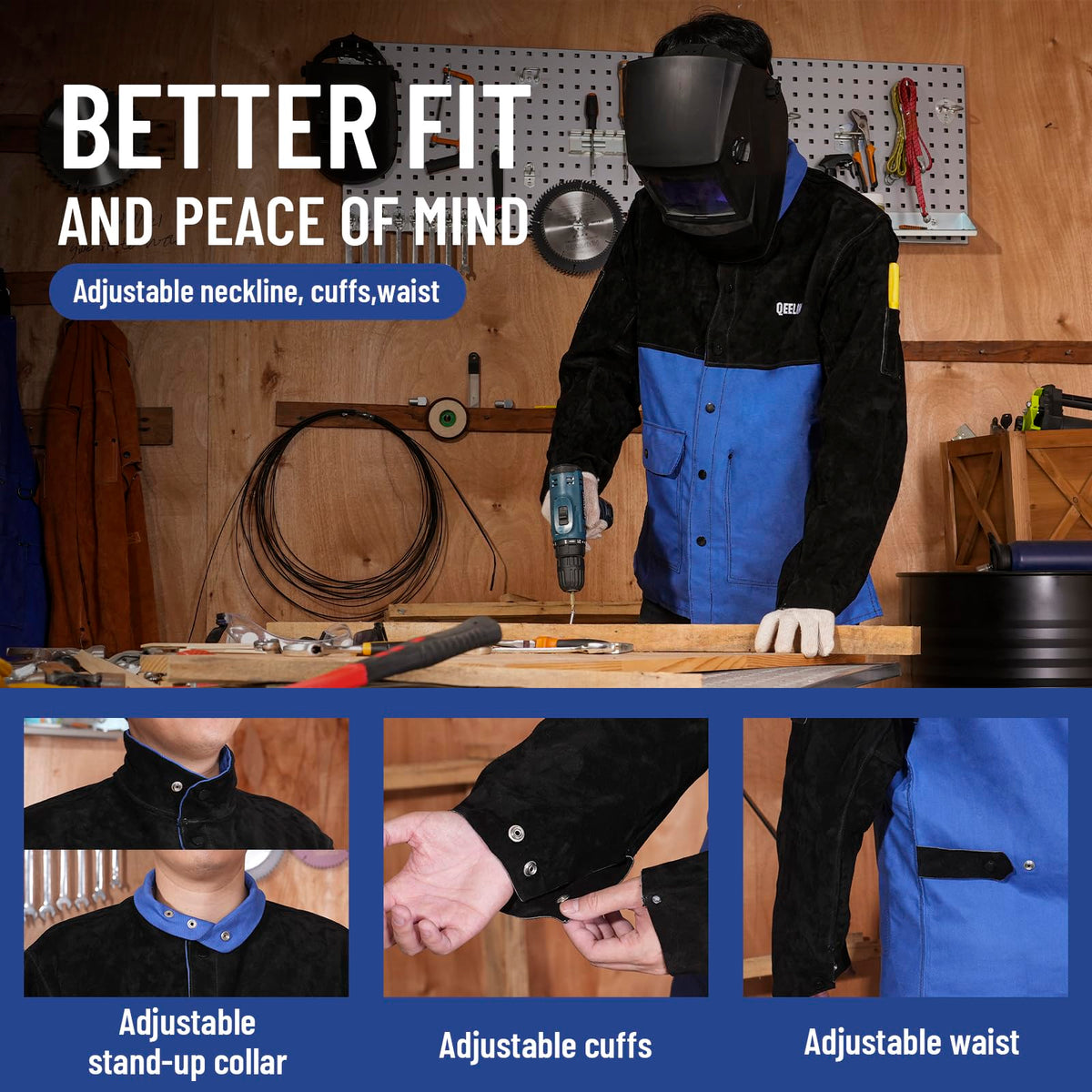 QeeLink Welding Jacket Split Leather Sleeves | Premium Flame Resistant Cotton Body Hybrid Welder Jackets Clothes, 2XL