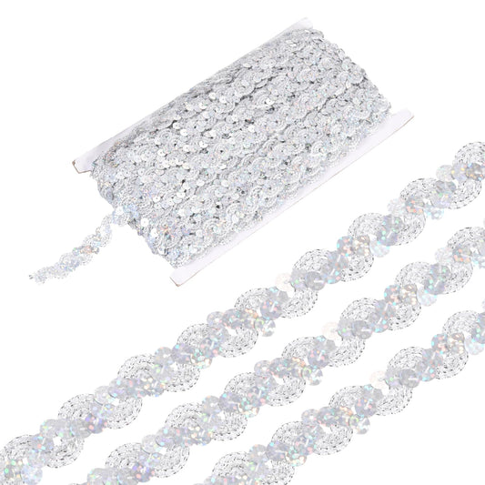 MECCANIXITY 27 Yard Sequins Beaded Lace Trim 0.6 Inch Wave Sequin Braid Trim Strip Paillette Ribbon for Crafts, Embellishments, DIY Sewing Costume, Bling Silver