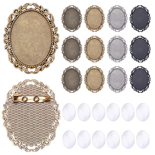 CRAFTYMELODY 12 Sets Brooch Cabochon Making Kit 4 Styles Vintage Oval Brooch Blank Bezel Oval Brooches Pins Trays with Clear Glass Cabochons for Bridal Wedding Graduation Jewelry Making DIY Craft