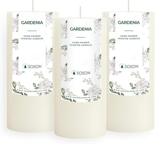 Simply Soson 3x6 inch White Rustic Gardenia Pillar Scented Candle - 3 Pack - for Home Decor, Aromatherapy, Weddings, Restaurants, Spa, Church