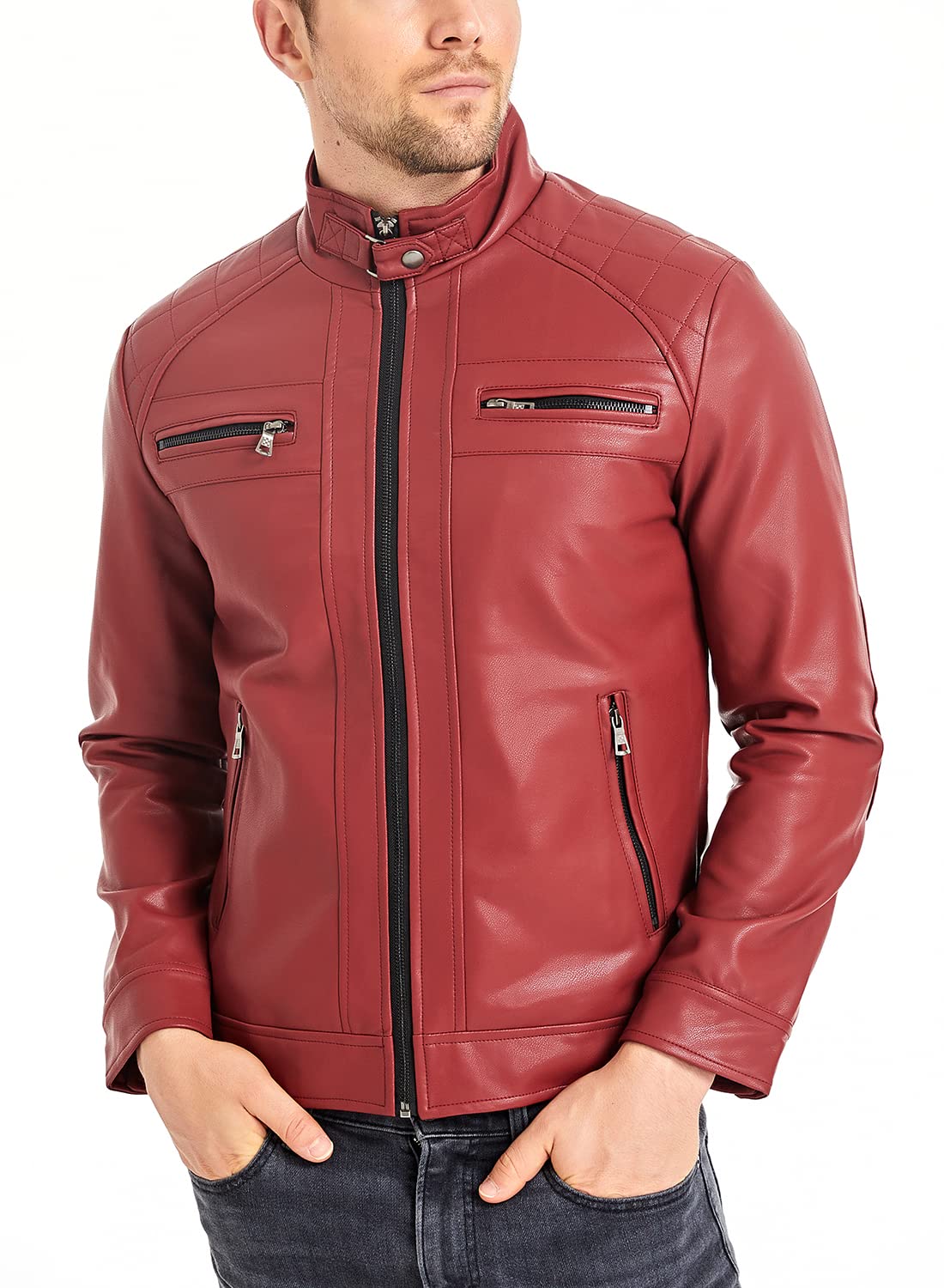 HOOD CREW Men’s Stand Collar Leather Jacket Casual Faux Leather Motorcycle Jacket Outerwear Coat with Zipper Pockets Red 4XL