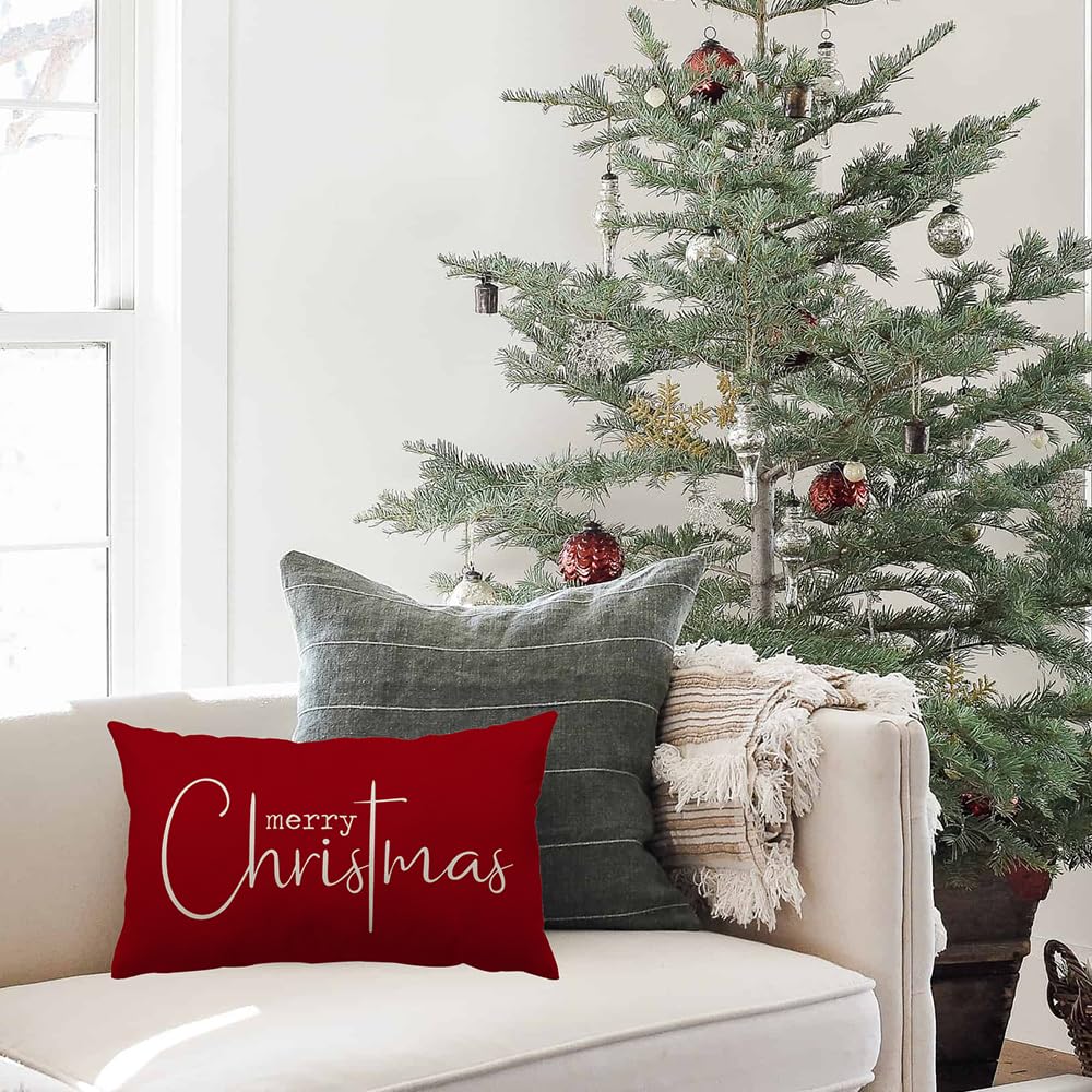 Allorry Christmas Pillow Covers Merry Christmas Throw Pillow Decorative Christmas Red Cotton Cloth Linen Cloth Pillow Cover Sofa Cover Decorative Rectangle Length 12X20 inches