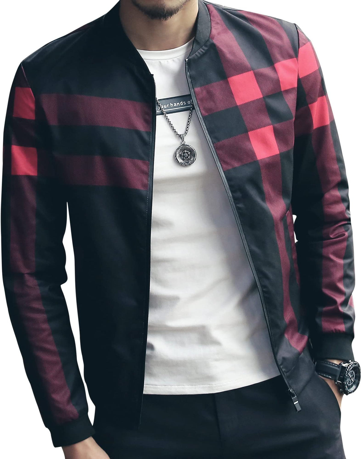 LOGEEYAR Men's Bomber Jacket Casual Lightweight Jacket Color Block Windbreaker Coat with Pocket