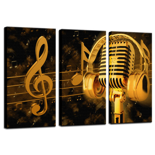 Biuteawal - Music Artistic Paintings Wall Art Gold Metal Microphone and Headset Note Picture Canvas Giclee Print Modern Home Studio Decor Stretched and Framed Ready to Hang