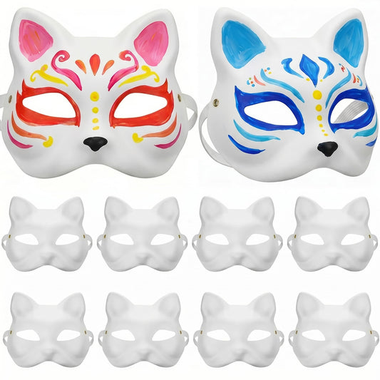 Vectronix 10 Pcs Cat Mask White Therian Mask Base for Crafts Diy Painting, Paper Cat Masks with Elastic Band for Kids Adults Halloween Costume Cosplay Masquerade Party Favors