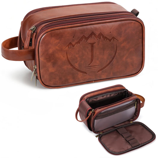 Ecttunafe Engraved Father Day Gifts Toiletry Bag for Men Dad Husband, Custom Initial PU Leather Waterproof Toiletry Organizer Dop Kit Shaving Bag Travel Essentials, Large, Durable, Brown,J